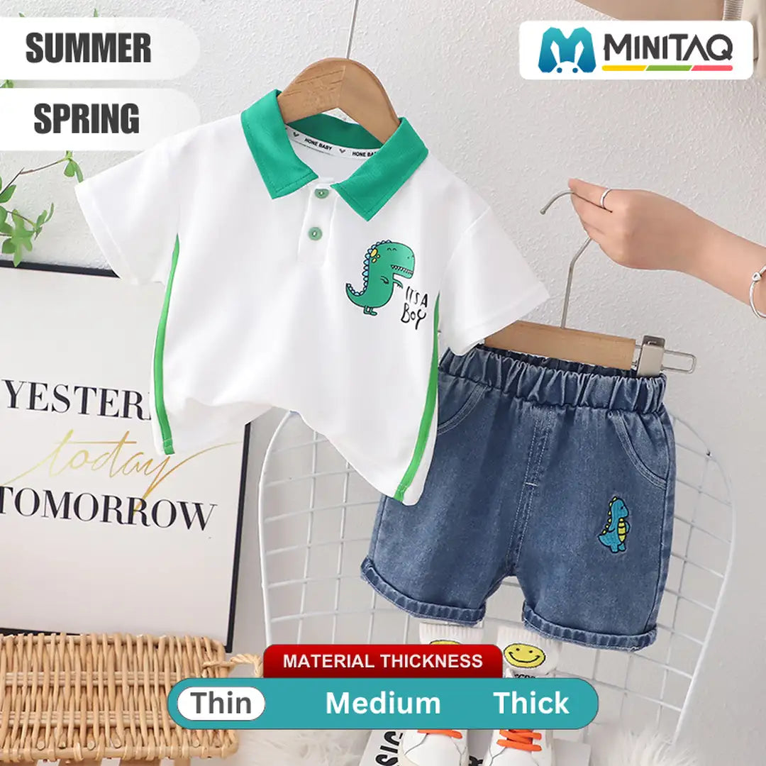 Mini Dino White Polo Shirt and Denim Shorts For Kids 2 - Minitaq baby kids clothes dress