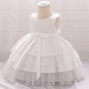 White Layered Sleeveless Frock With Bow Lace 2 - Minitaq baby kids clothes dress