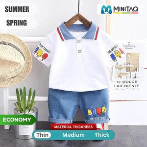 Ice Cream Design White Polo With Blue Jeans Shorts 1 - Minitaq baby kids clothes dress