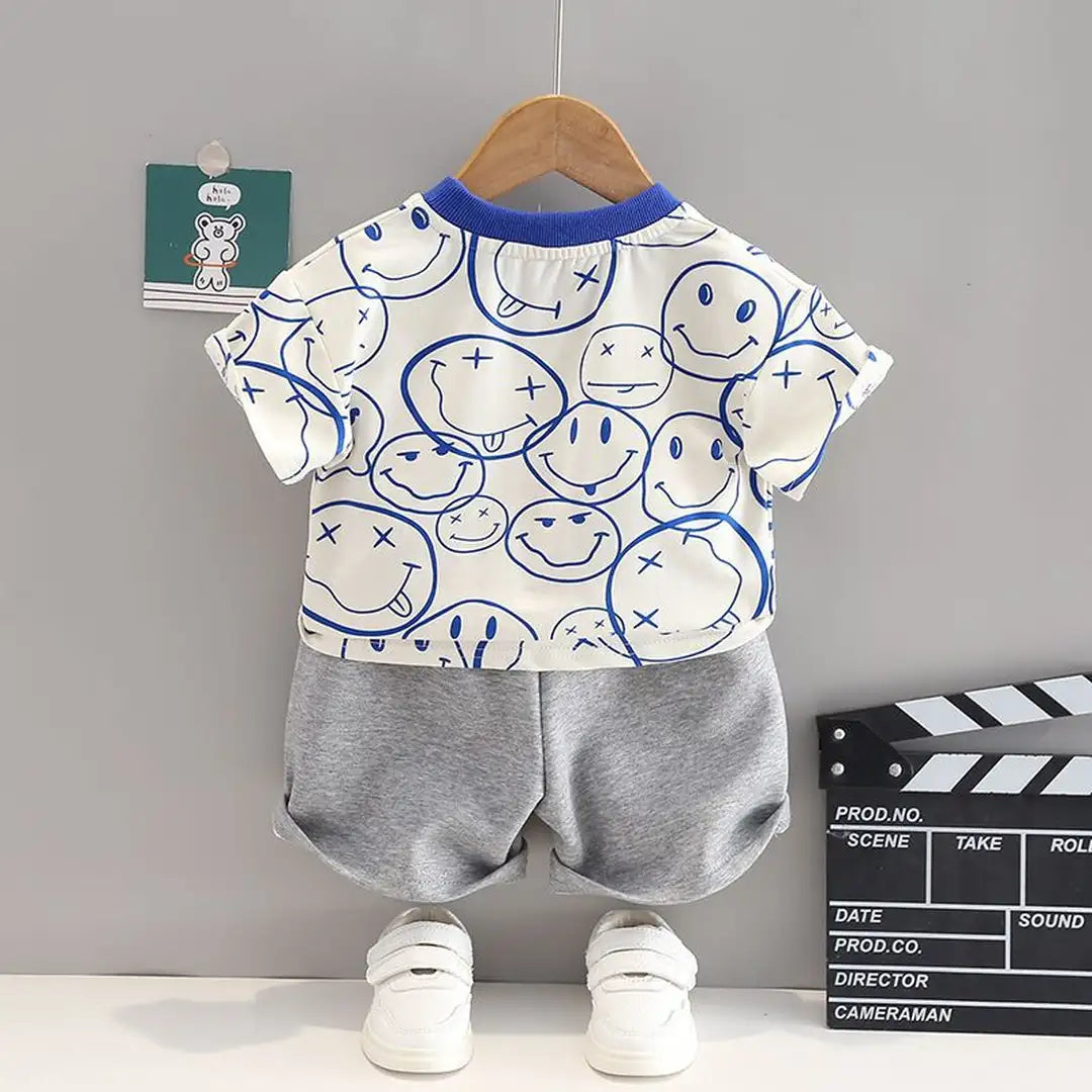 Fun Emoji Patterned Shirt with Gray Shorts Set For Kids 18 - Minitaq baby kids clothes dress