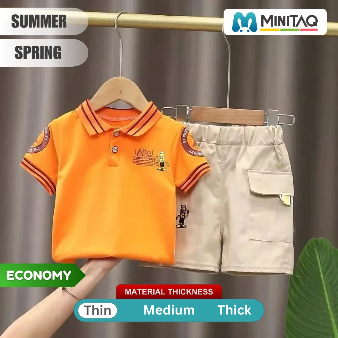 Orange Polo Shirt With Beige Cotton Shorts 1 - Minitaq baby kids clothes dress