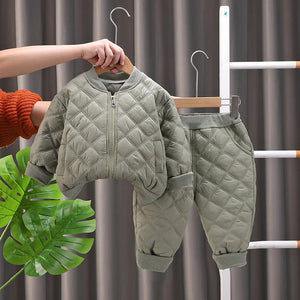 Olive Green Quilted Puffer Jacket N Pants 2pcs Set - Minitaq baby kids clothes dress
