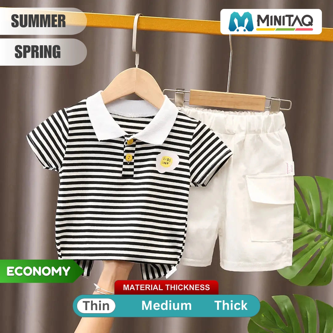 Striped Polo Shirt with Off White Shorts Set for Summers 1 - Minitaq baby kids clothes dress