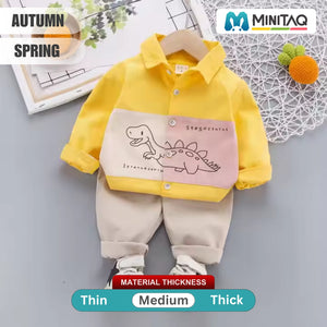 Happy Dino Design Yellow Shirt N Beige Pants Set For Kids - Minitaq baby kids clothes dress