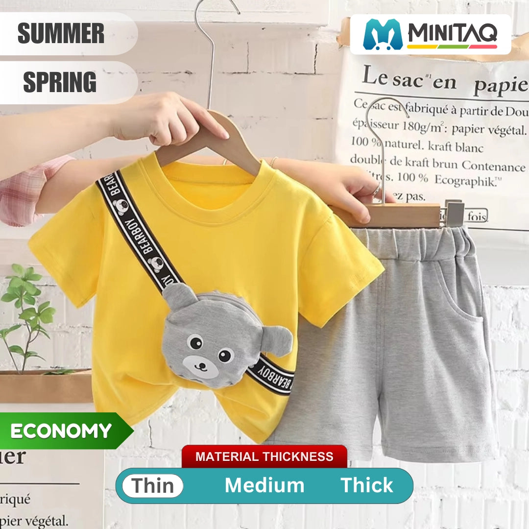 Comfortable Yellow T-Shirt with Bear Pouch and Gray Shorts - Minitaq baby kids clothes dress 