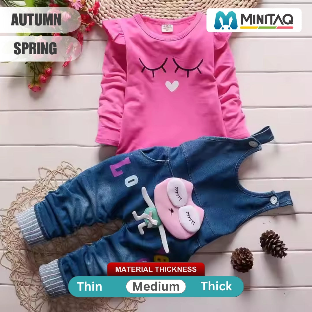 Owl on Dungaree with Pink Ruffle Style Top Set For Girls - Minitaq baby kids clothes dress