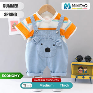 Bear Face Denim Dungaree with Striped Tee - Minitaq baby kids clothes dress 