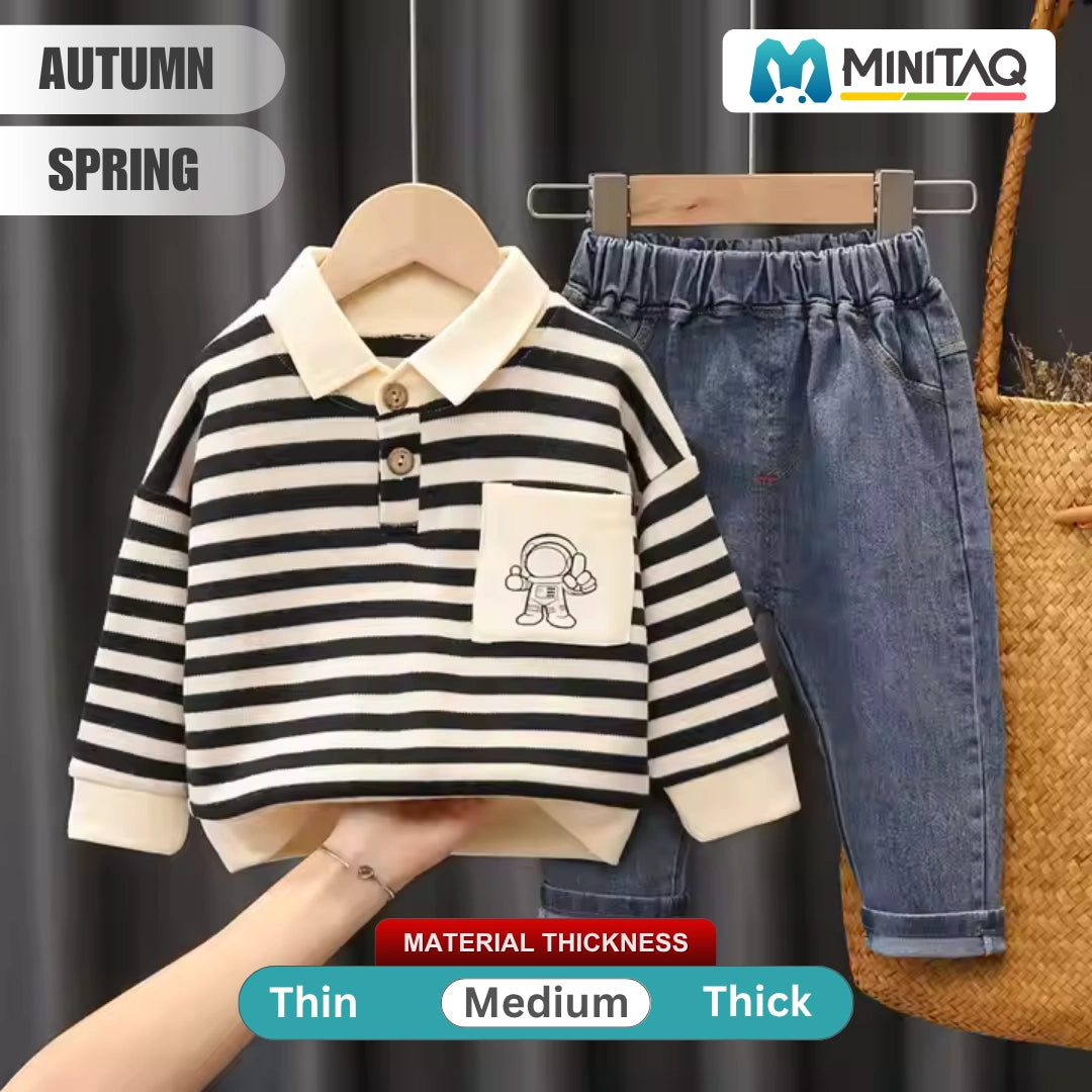 Cartoon Pocket Black Striped Shirt N Blue Jeans Set - Minitaq baby kids clothes dress
