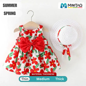 Elegant Red Flowers Printed Dress with White Hat