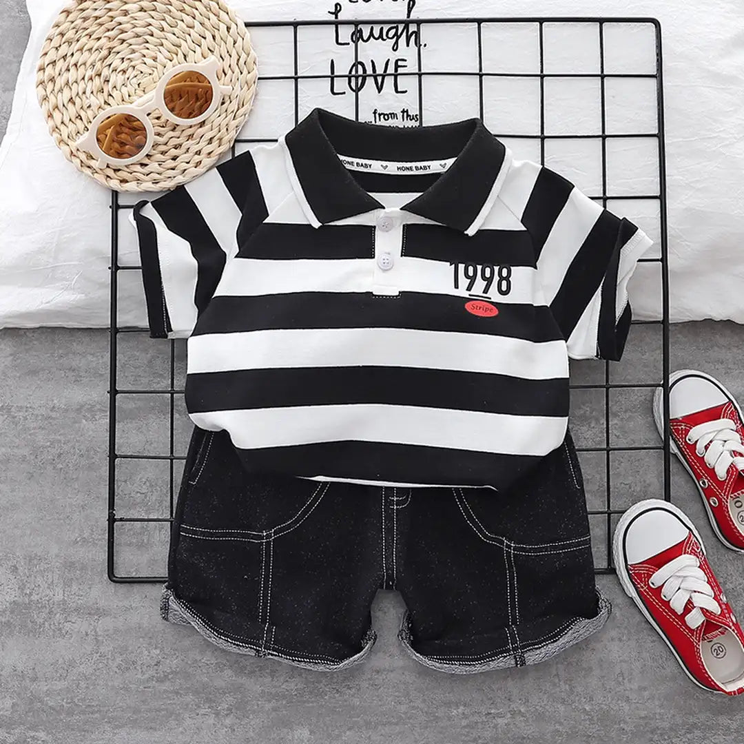 The Black Liner Polo Shirt With Jeans Shorts 9 - Minitaq baby kids clothes dress