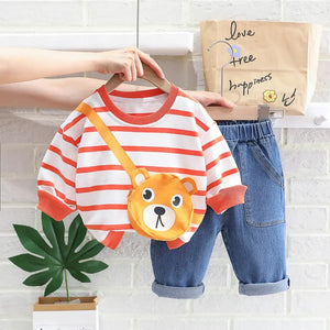 Peachy Lines Jumper N Bear Bag Attached With Denim Pants 3 - Minitaq baby kids clothes dress