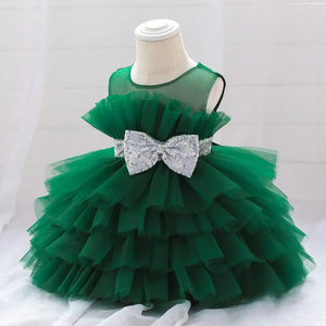 Green Tulle Style With Sequin Bow Frock 8 - Minitaq baby kids clothes dress