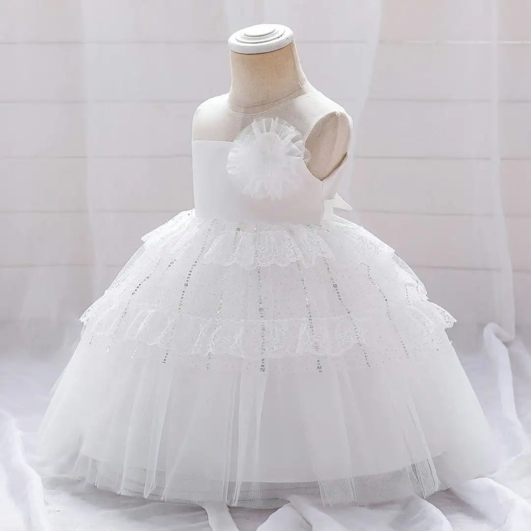 White Sleeveless Frock With Net And Satin Decor 3 - Minitaq baby kids clothes dress