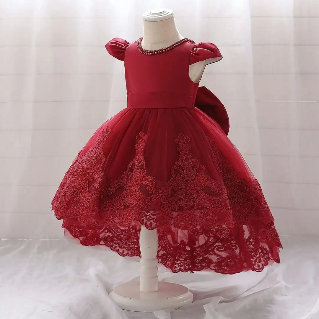 Red Embroided Pearl Neck Tailed Frock 3 - Minitaq baby kids clothes dress