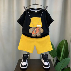 Traveller Cartoon Black Shirt and Yellow Shorts Set for Kids 3 - Minitaq baby kids clothes dress