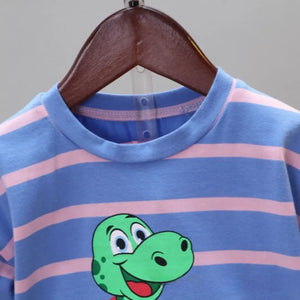 Happy Dino Cartoon Blue Stripes T-Shirt With Shorts 3 - Minitaq baby kids clothes dress