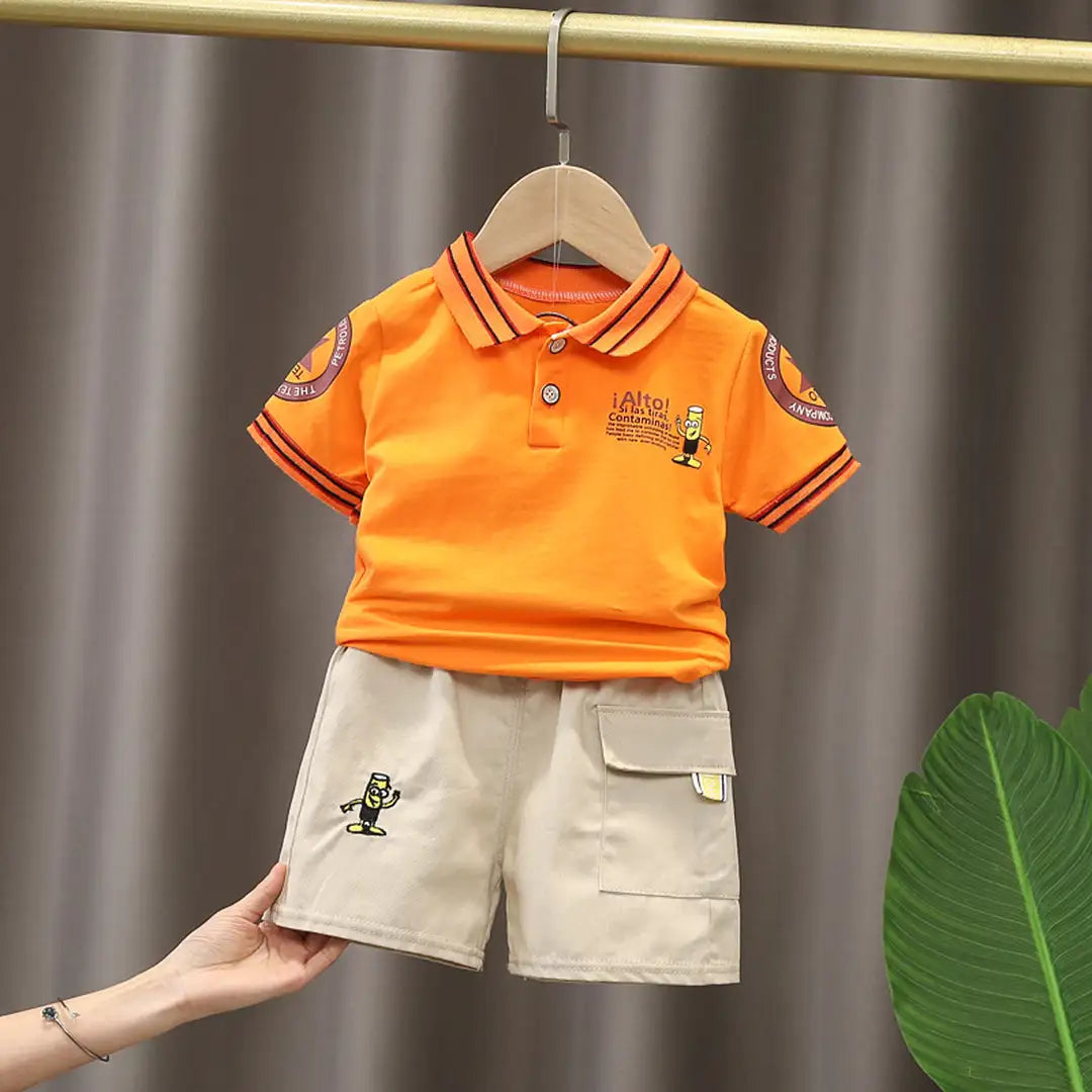 Orange Polo Shirt With Beige Cotton Shorts 3 - Minitaq baby kids clothes dress