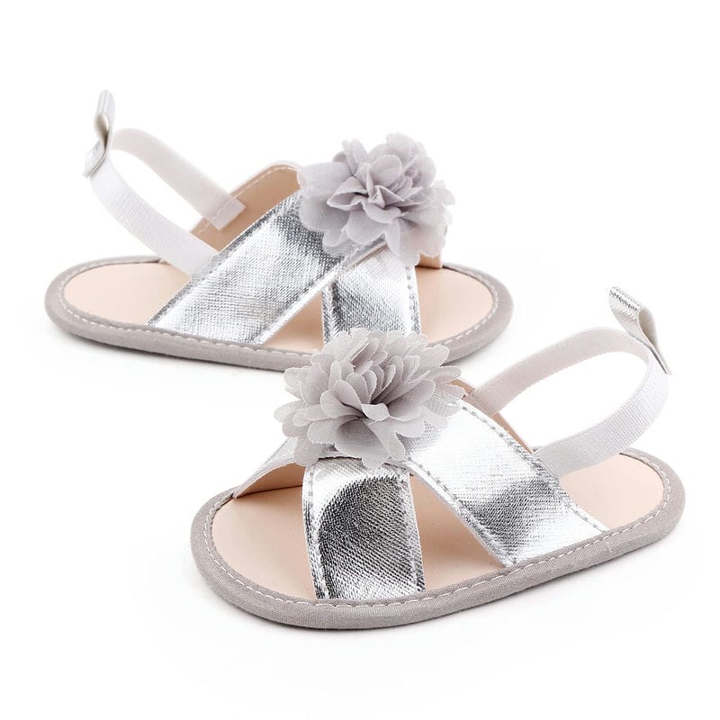 Silver Baby Sandal Shoes With Top Gray Flower 3 - Minitaq baby kids clothes dress