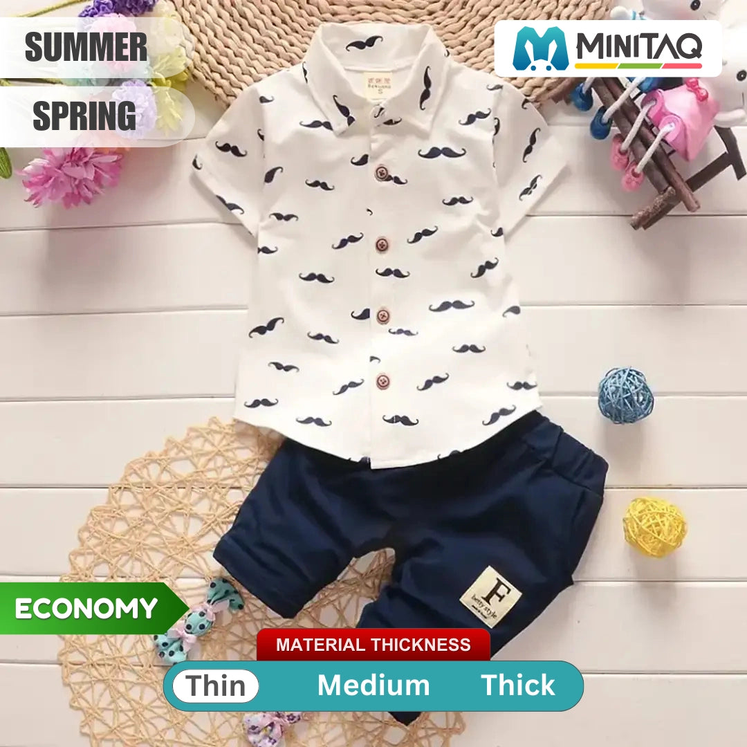 Trendy Moustatch Style White Printed Shirt and Navy Blue Shorts 1 - Minitaq baby kids clothes dress