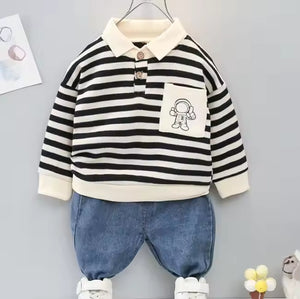 Cartoon Pocket Black Striped Shirt N Blue Jeans Set - Minitaq baby kids clothes dress