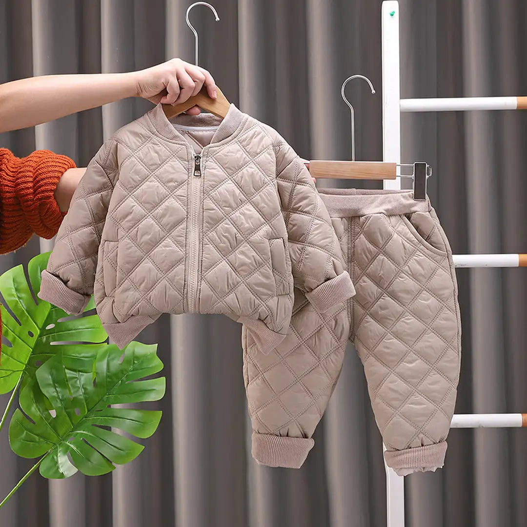 Beige Quilted Puffer Winter Jacket N Pants 2pcs Set - Minitaq baby kids clothes dress