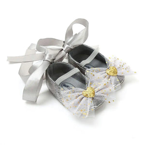 Classy Fancy Silver Baby Girl Shoes with Ribbon and Bow 3 - Minitaq baby kids clothes dress