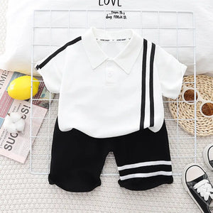 Double Stripes White Polo Shirt and Black Shorts Set for Kids 3 - Minitaq baby kids clothes dress