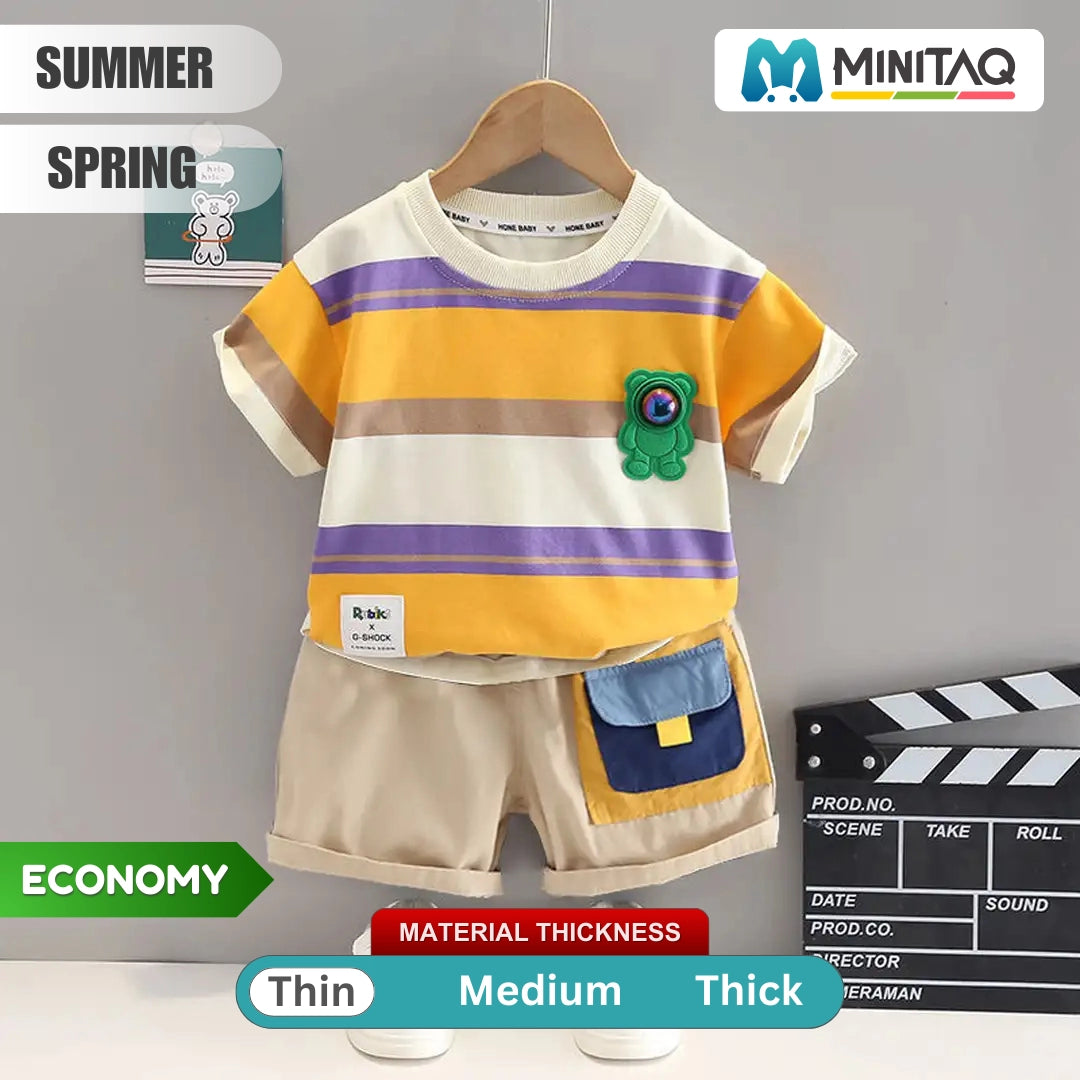 Little Explorer Stripe Design Shirt and Beige Shorts Set 1 - Minitaq baby kids clothes dress