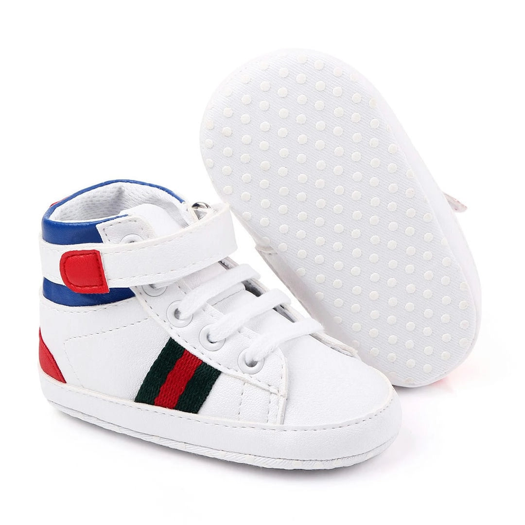 Pure White High Ankle Style Baby Shoes with Red and Green Stripes 4 - Minitaq baby kids clothes dress