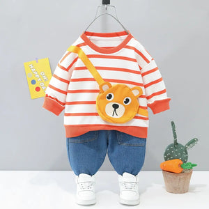 Peachy Lines Jumper N Bear Bag Attached With Denim Pants 5 - Minitaq baby kids clothes dress