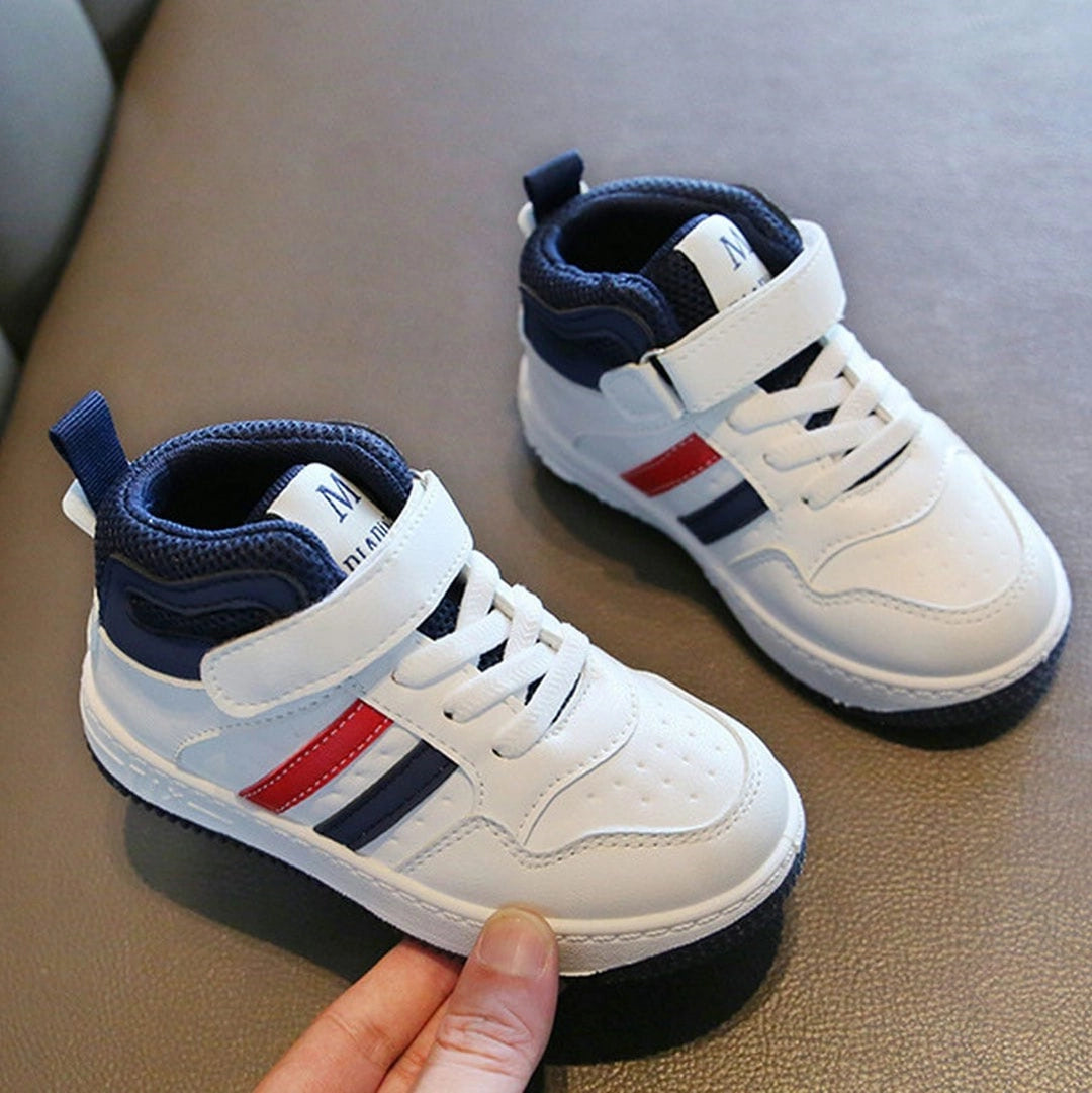 Trendy White Kids Shoes with Red and Blue Stripes1