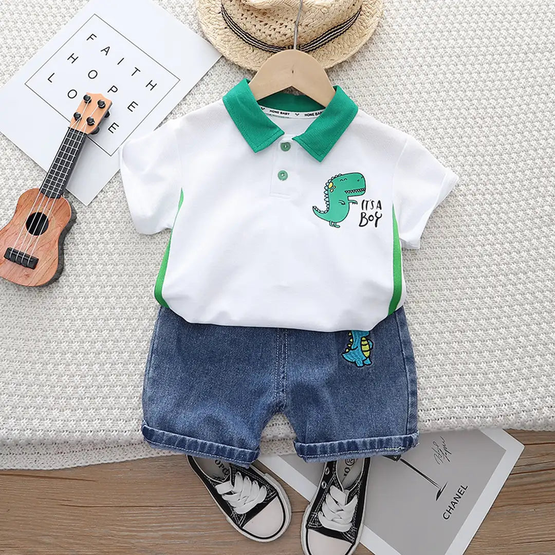 Mini Dino White Polo Shirt and Denim Shorts For Kids 3 - Minitaq baby kids clothes dress