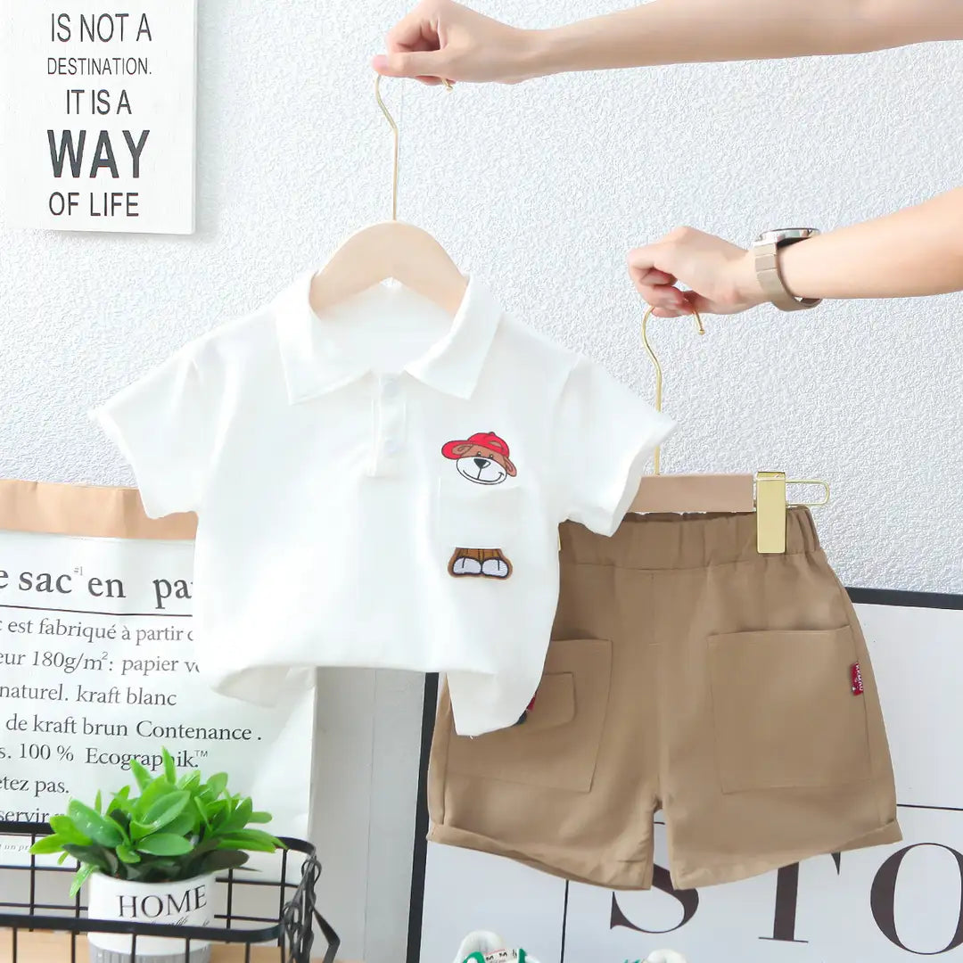 Cute Bear Casual White Polo Shirt and Brown Shorts Set for Kids 3 - Minitaq baby kids clothes dress