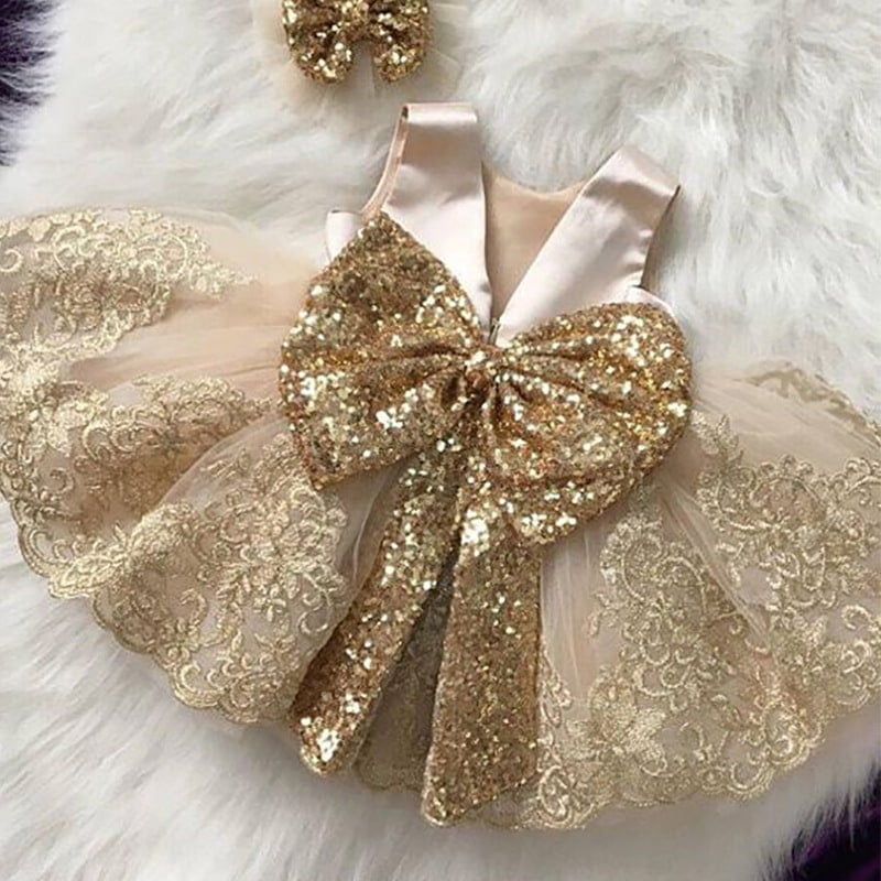 Luxury Party Dress Golden Sequin Big Bow Baby Frock Minitaq Baby Kids