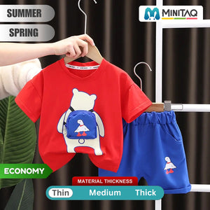 Cute Bear wearing Blue Bag Shirt and Shorts 2pcs Set 1 - Minitaq baby kids clothes dress