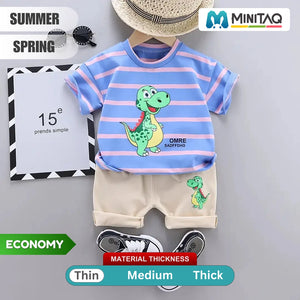 Happy Dino Cartoon Blue Stripes T-Shirt With Shorts 1 - Minitaq baby kids clothes dress