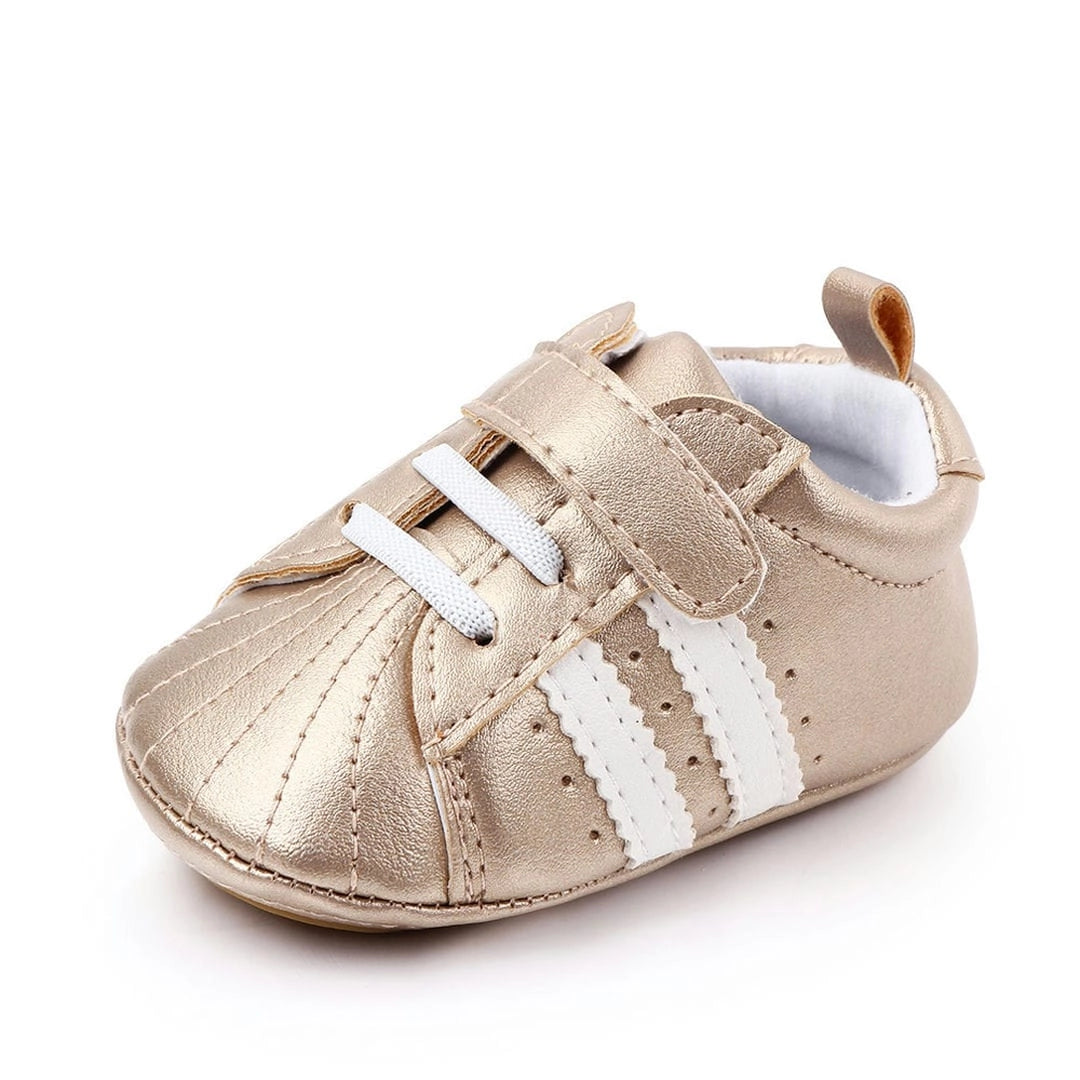 Shiny Gold Classy Baby Shoes with White Stripes 4 - Minitaq baby kids clothes dress