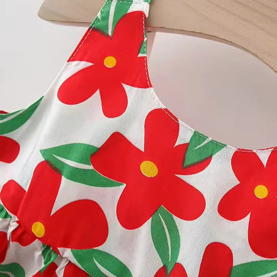 Elegant Red Flowers Printed Dress with White Hat