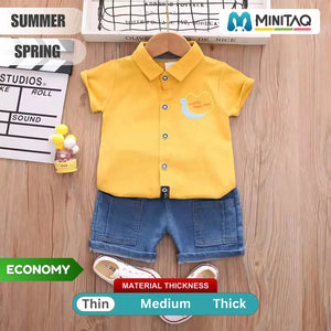 Bear Design Yellow Shirt N Blue Denim Shorts Summer 2pcs Set 1 - Minitaq baby kids clothes dress