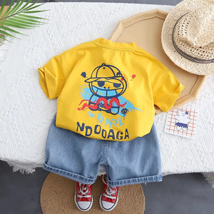 Yellow T-Shirt With Denim Blue Jeans Shorts For Children 7 - Minitaq baby kids clothes dress