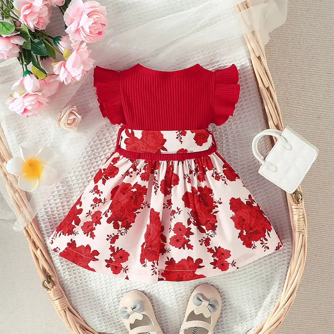 Red Floral Printed Korean Style Baby Girl Dress 7 - Minitaq baby kids clothes dress