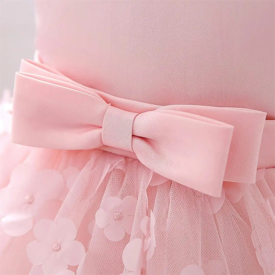 Peach Pink Net Flowers And Bow Lace Frock 7 - Minitaq baby kids clothes dress