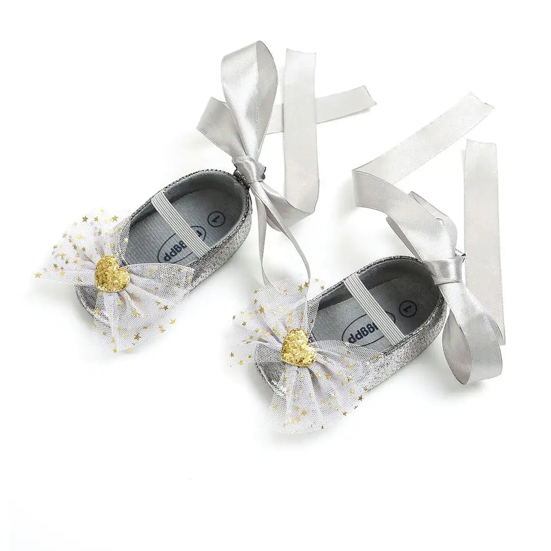 Classy Fancy Silver Baby Girl Shoes with Ribbon and Bow 6 - Minitaq baby kids clothes dress