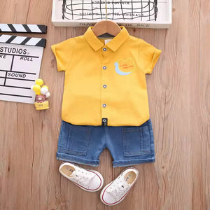 Bear Design Yellow Shirt N Blue Denim Shorts Summer 2pcs Set 1 - Minitaq baby kids clothes dress