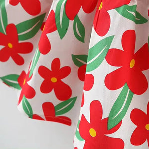 Elegant Red Flowers Printed Dress with White Hat