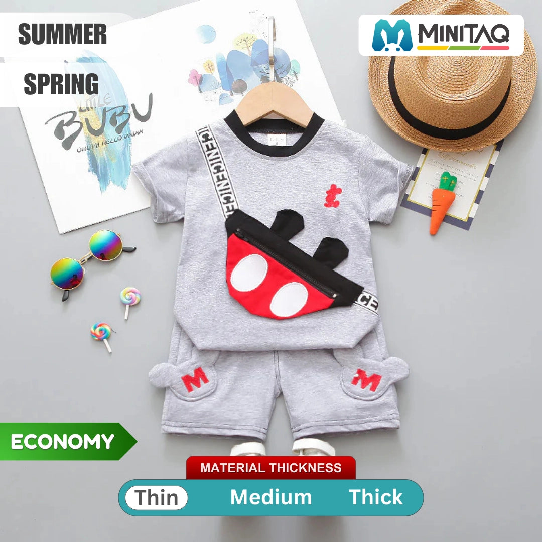 Adorable Grey T Shirt N Shorts Set with Playful Cartoon Bag Design 1 - Minitaq baby kids clothes dress