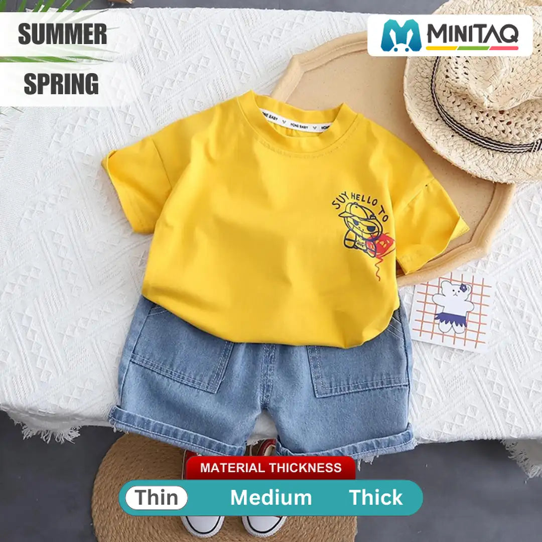 Yellow T-Shirt With Denim Blue Jeans Shorts For Children 2 - Minitaq baby kids clothes dress