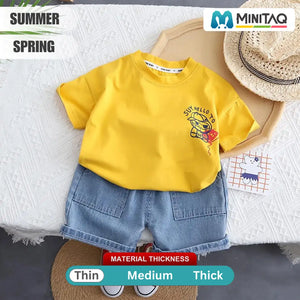 Yellow T-Shirt With Denim Blue Jeans Shorts For Children 2 - Minitaq baby kids clothes dress