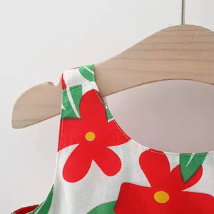 Elegant Red Flowers Printed Dress with White Hat