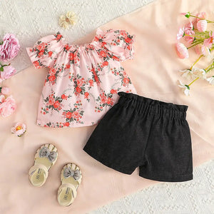 Floral Stylish Top With Black Skirt Shorts For Baby Girl 8 - Minitaq baby kids clothes dress